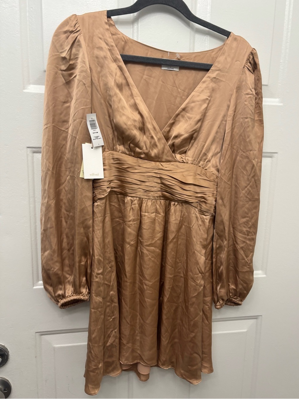 Aritzia Wilfred Satin V-Neck Long Sleeve Dress in Camel